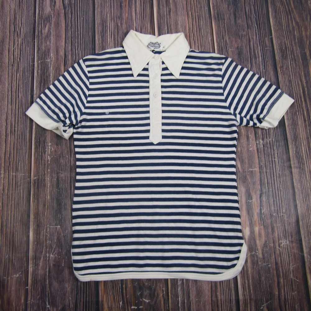 The Villager Polo Women L Blue Striped Vintage 70s Short Sleeve Granny Core